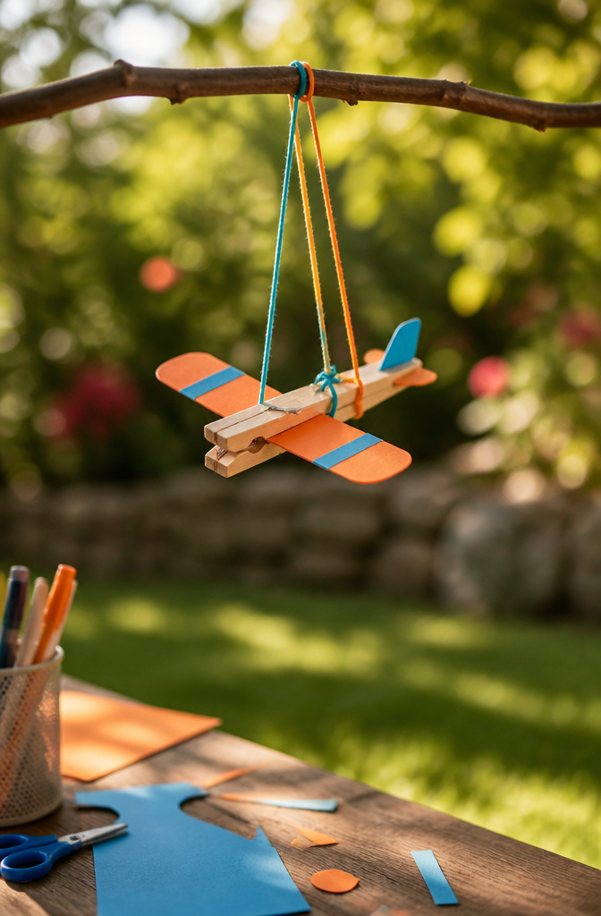A string puppet plane made from a clothespin and cardstock wings.