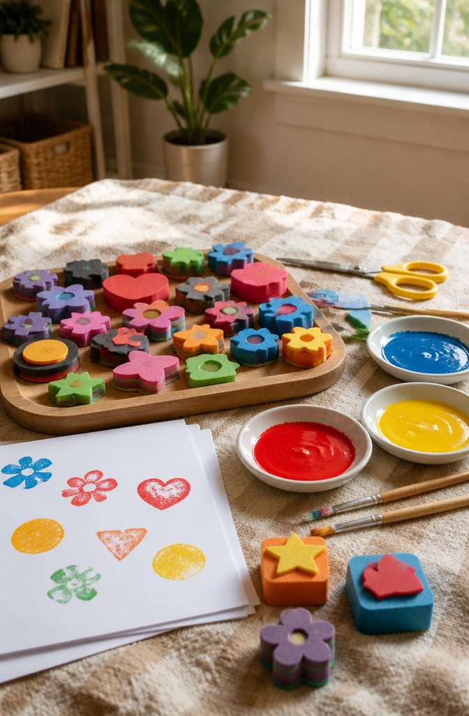An array of foam stamps and paint trays ready for block printing.