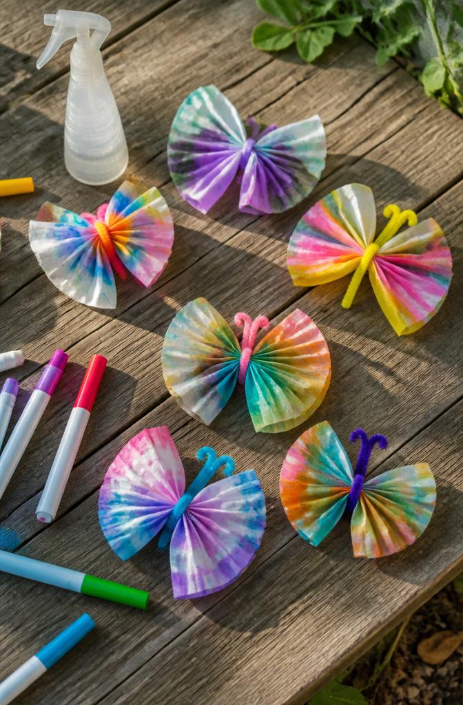 Coffee filter butterflies with colorful patterns resting on a wooden surface.