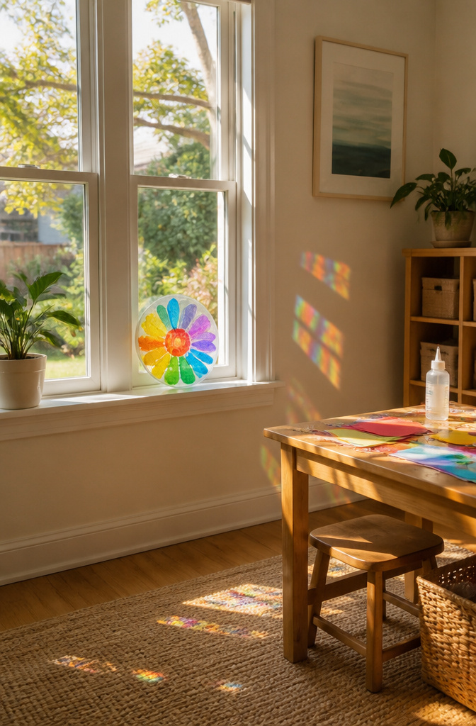 A suncatcher made of glue and food coloring on clear plastic or wax paper.