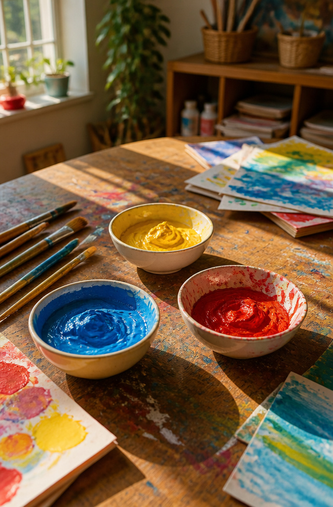 Small bowls filled with colorful homemade finger paint on a painted table.