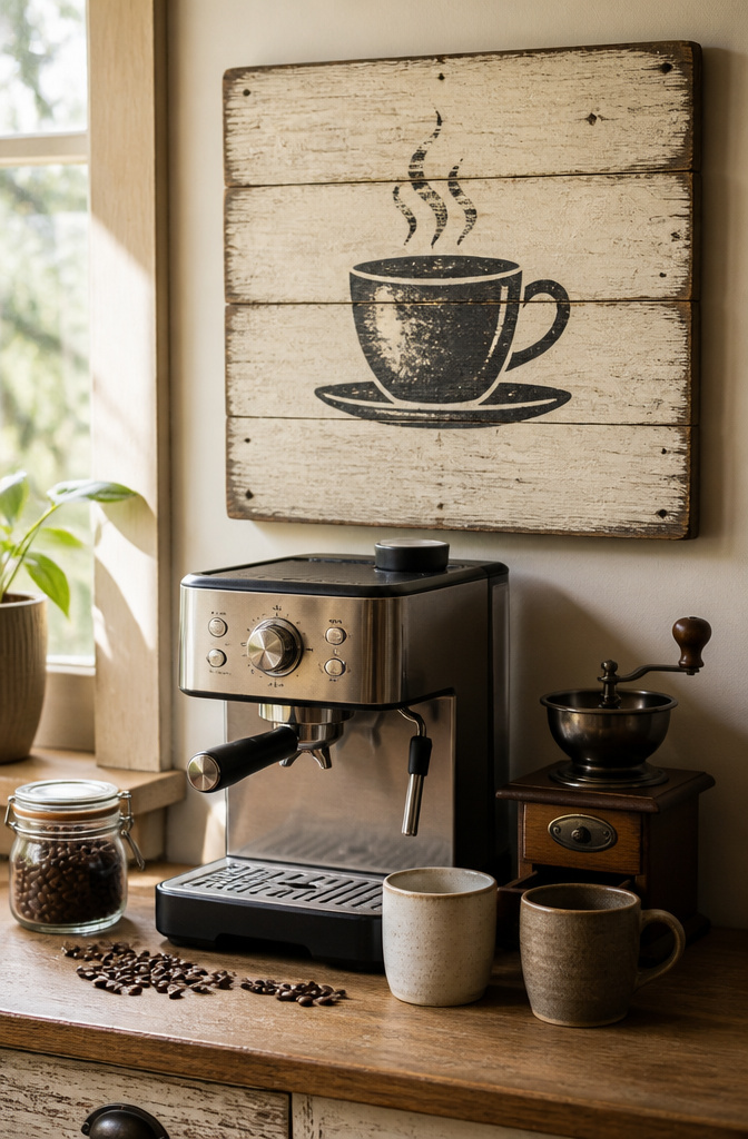 20 DIY Room Decor Crafts Ideas for a Budget-Friendly Refresh 1 A coffee bar sign with stenciled letters on wood.