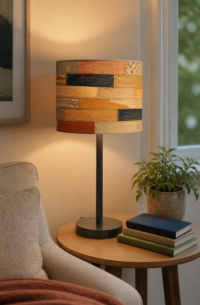 20 DIY Room Decor Crafts Ideas for a Budget-Friendly Refresh 13 A drum lampshade covered in fabric strips on a lamp.