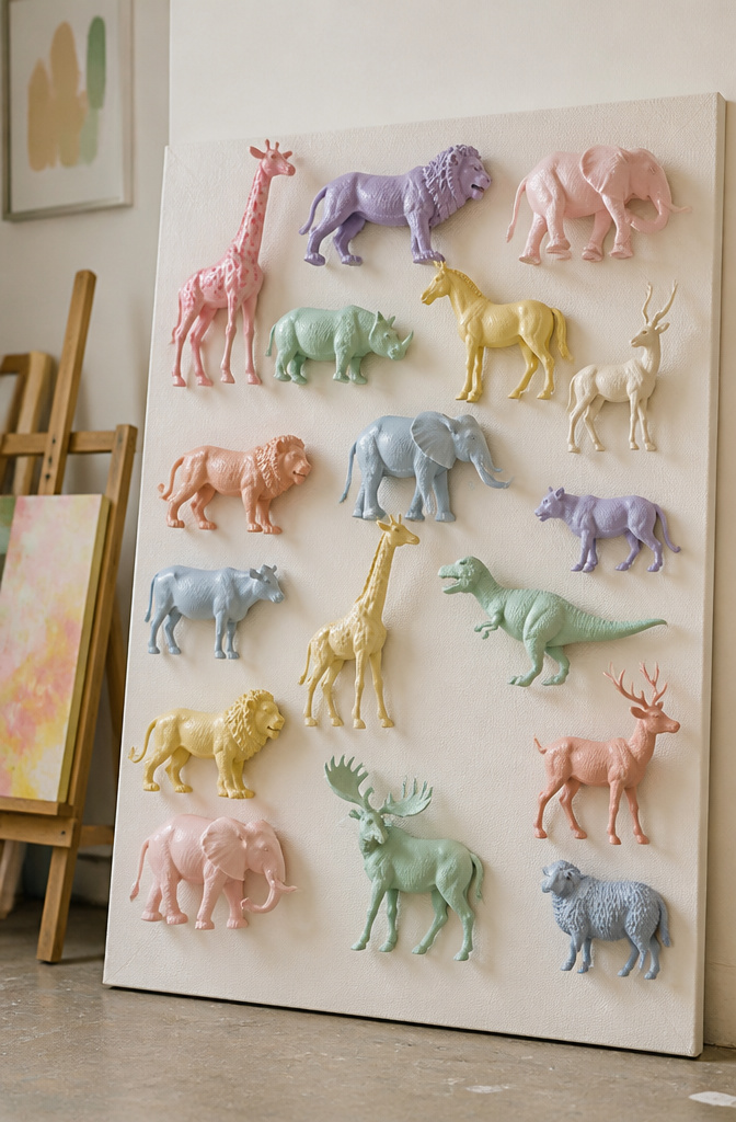 20 DIY Room Decor Crafts Ideas for a Budget-Friendly Refresh 20 A canvas with plastic animal toys attached as art.