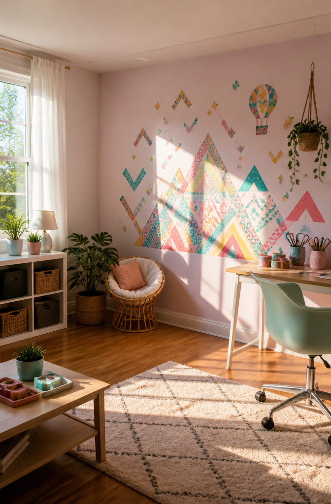 Geometric patterns made from washi tape on a wall.