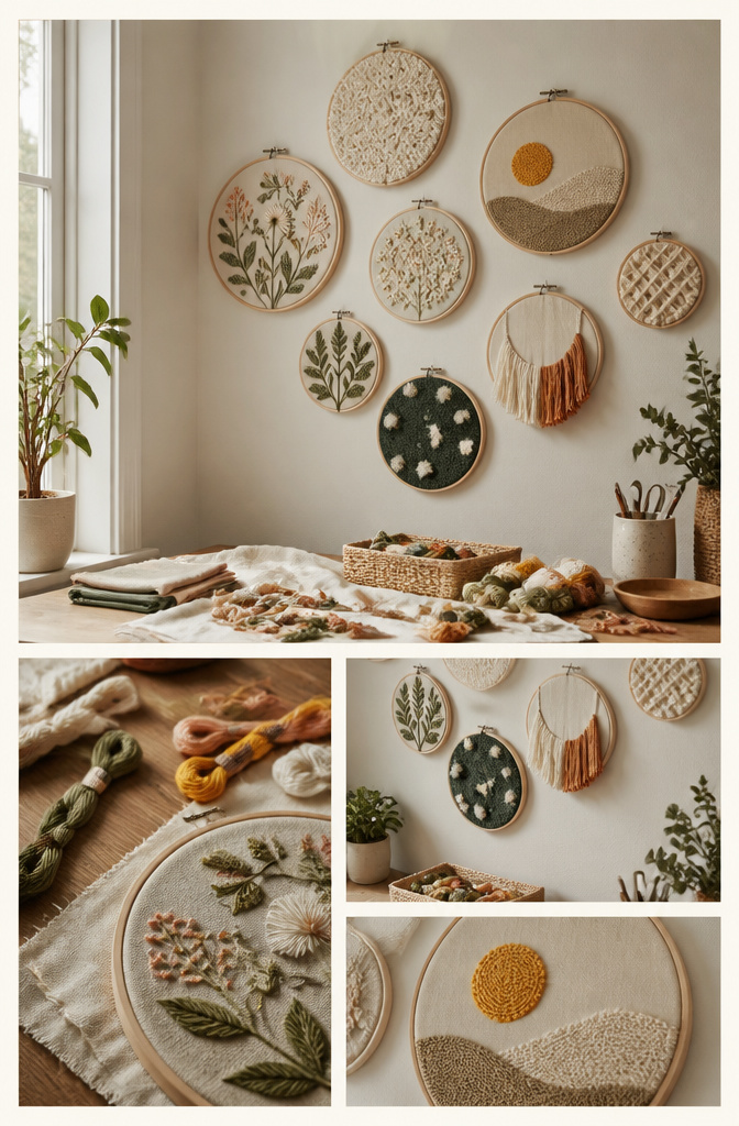 Fabric stretched in embroidery hoops arranged on a wall.