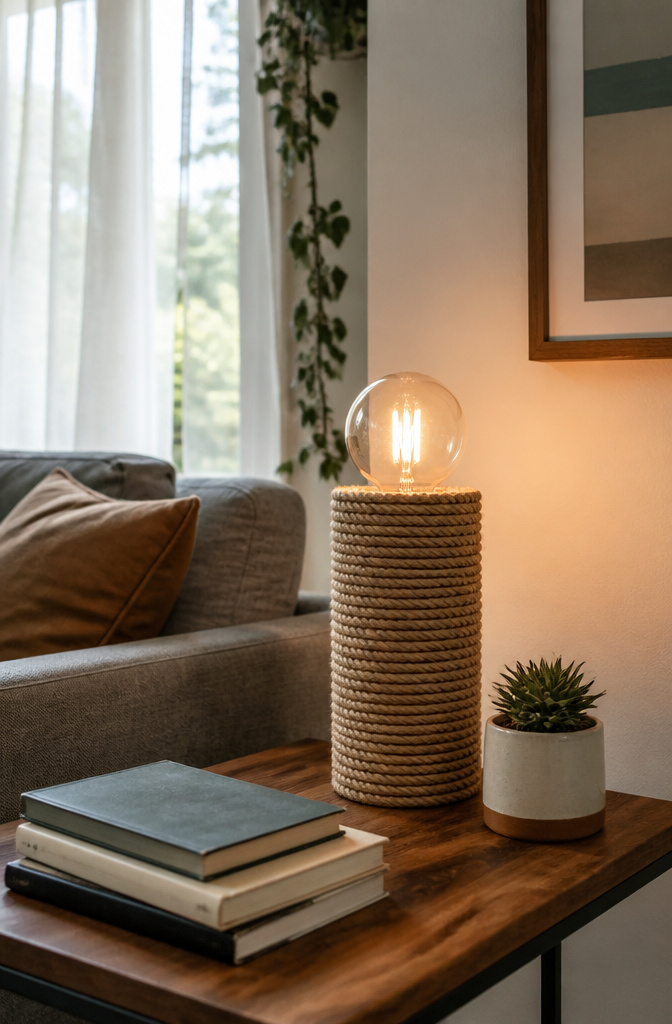 20 DIY Craft Home Decor Ideas for 2026 12 A rope-wrapped table lamp sitting on a side table.