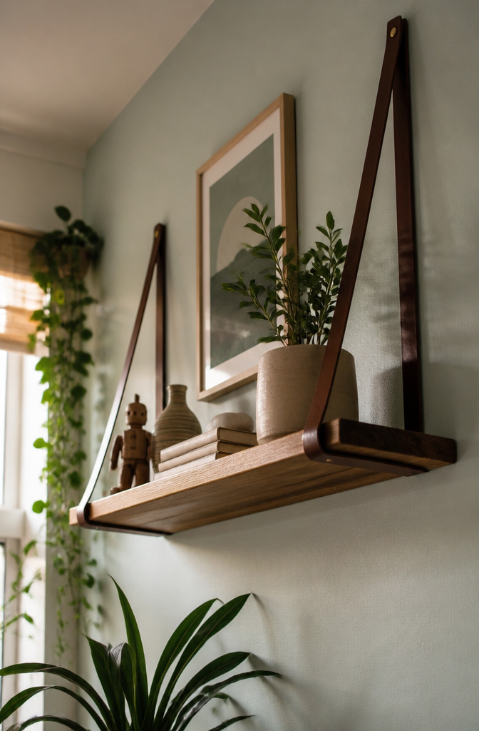 20 DIY Craft Home Decor Ideas for 2026 13 A simple hanging shelf supported by leather straps.