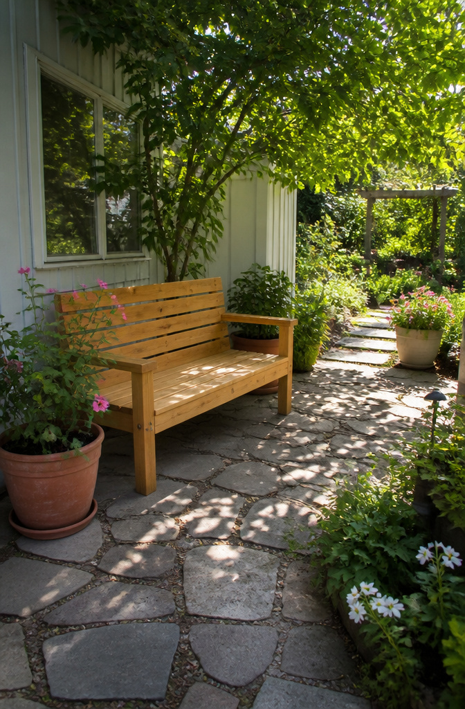 20 DIY Craft Home Decor Ideas for 2026 17 A wooden bench built from 2x4 lumber on a patio.