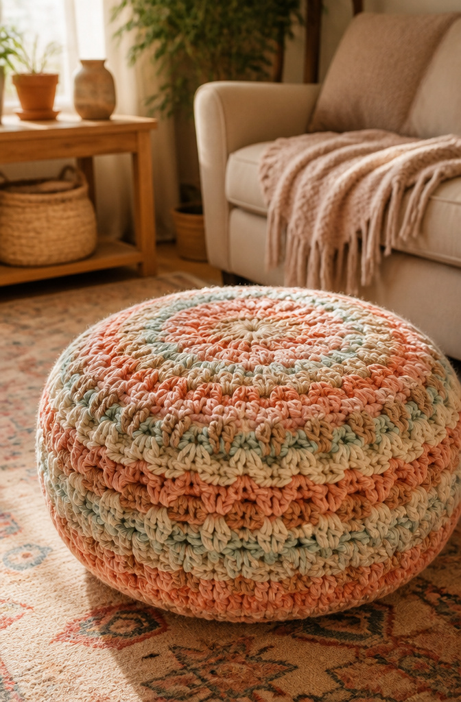 20 DIY Craft Home Decor Ideas for 2026 2 A soft crocheted pouf made from colorful chenille yarn.