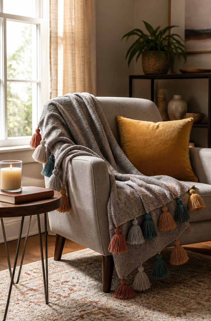 20 DIY Craft Home Decor Ideas for 2026 20 A cozy throw blanket with tassels on an armchair.