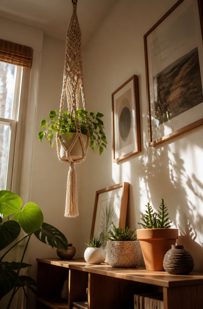 20 DIY Craft Home Decor Ideas for 2026 7 A macrame plant hanger holding a flower pot.