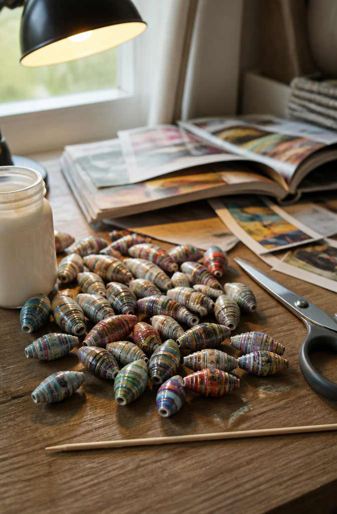 Colorful paper beads created from magazine pages and Mod Podge.