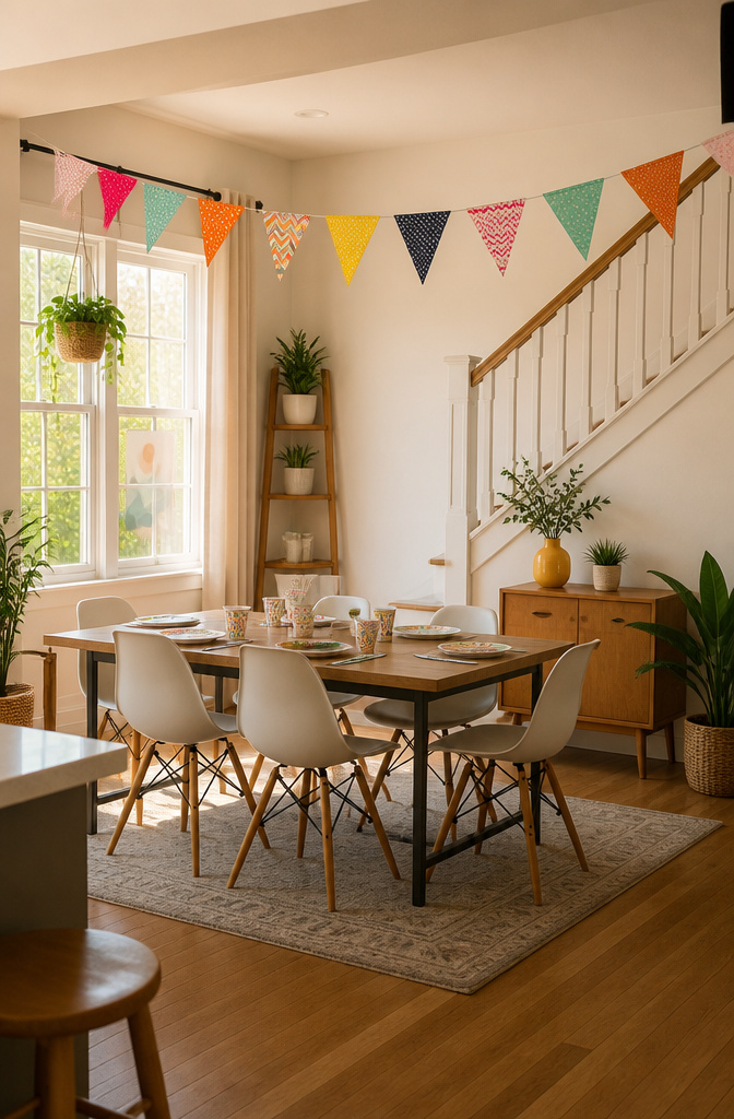 Colorful paper garland made from cardstock triangles and twine.