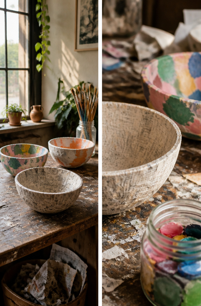 A paper mâché bowl made from newspaper strips on a work surface.