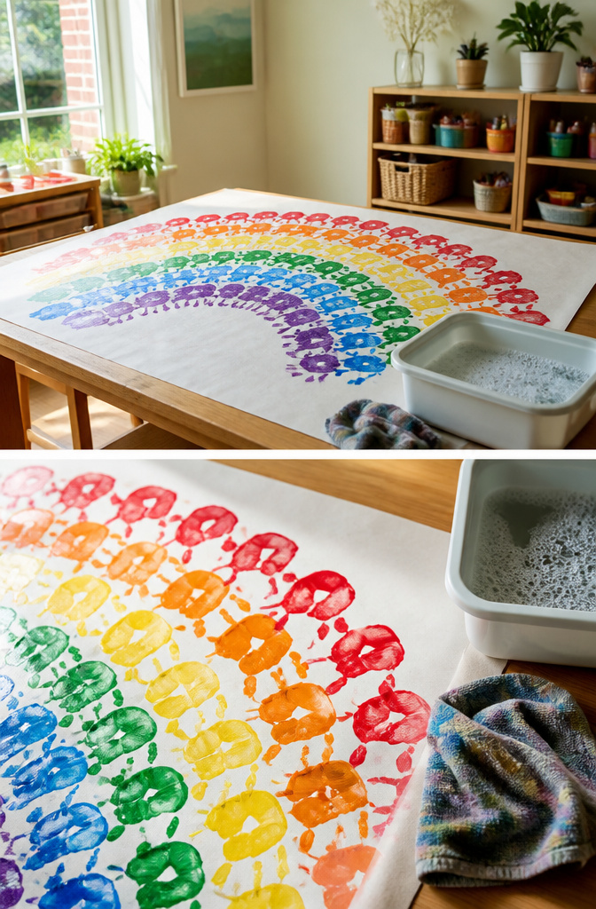 DIY Rainbow Craft Project Ideas for Kids and Families 1 Colorful handprints painted on paper in the shape of a rainbow.