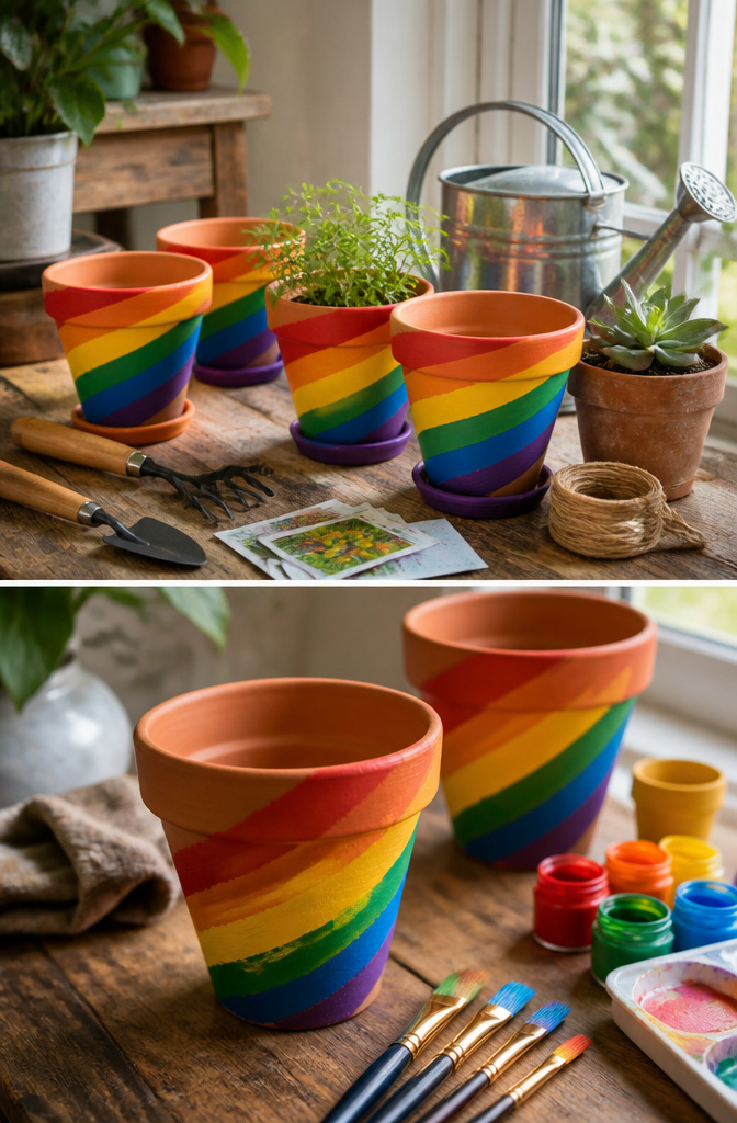 DIY Rainbow Craft Project Ideas for Kids and Families 10 Colorful painted terra cotta pots designed for planting.
