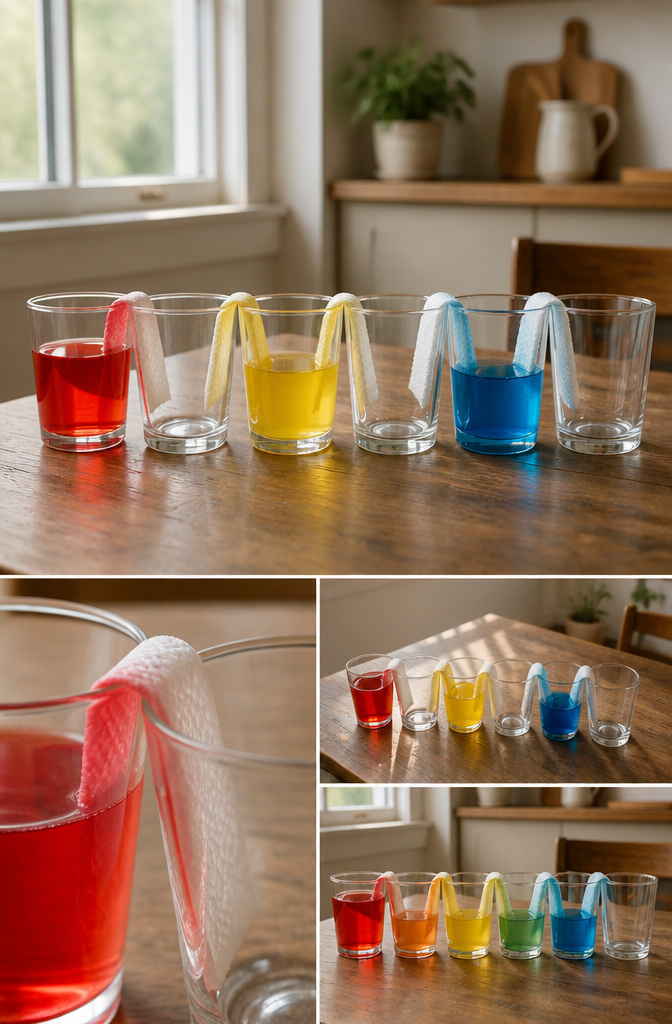 DIY Rainbow Craft Project Ideas for Kids and Families 12 Cups with colored water connected by paper towels for a science experiment.