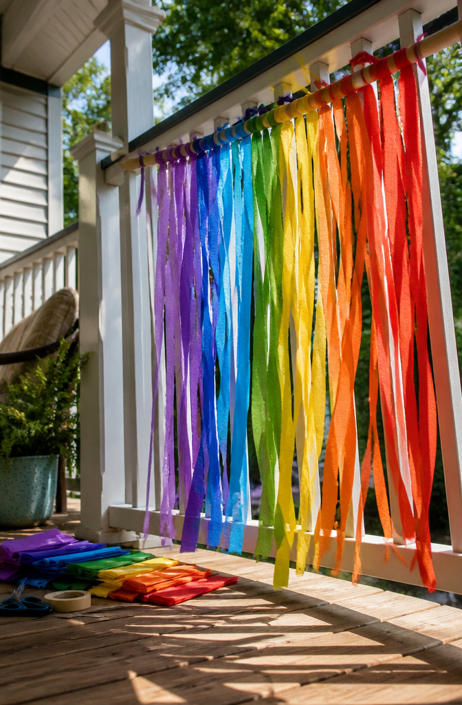 DIY Rainbow Craft Project Ideas for Kids and Families 13 Colorful streamers made from crepe paper for outdoor play.