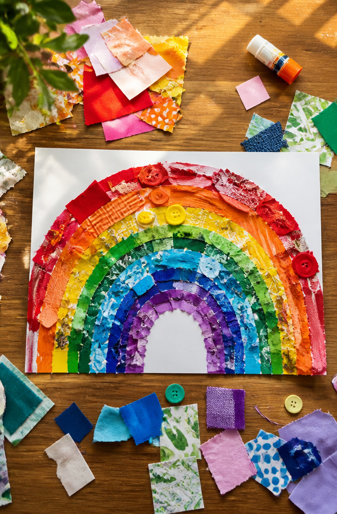 DIY Rainbow Craft Project Ideas for Kids and Families 14 Collage made from magazine clippings and other materials in rainbow colors.
