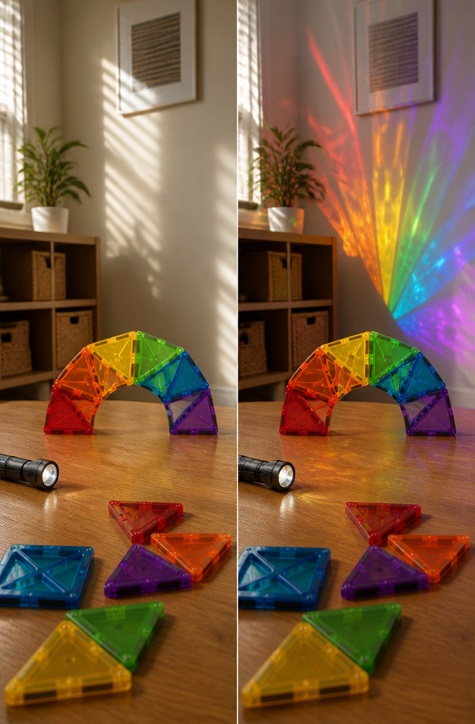 DIY Rainbow Craft Project Ideas for Kids and Families 16 Magna-Tiles arranged in a rainbow shape with a flashlight for light play.