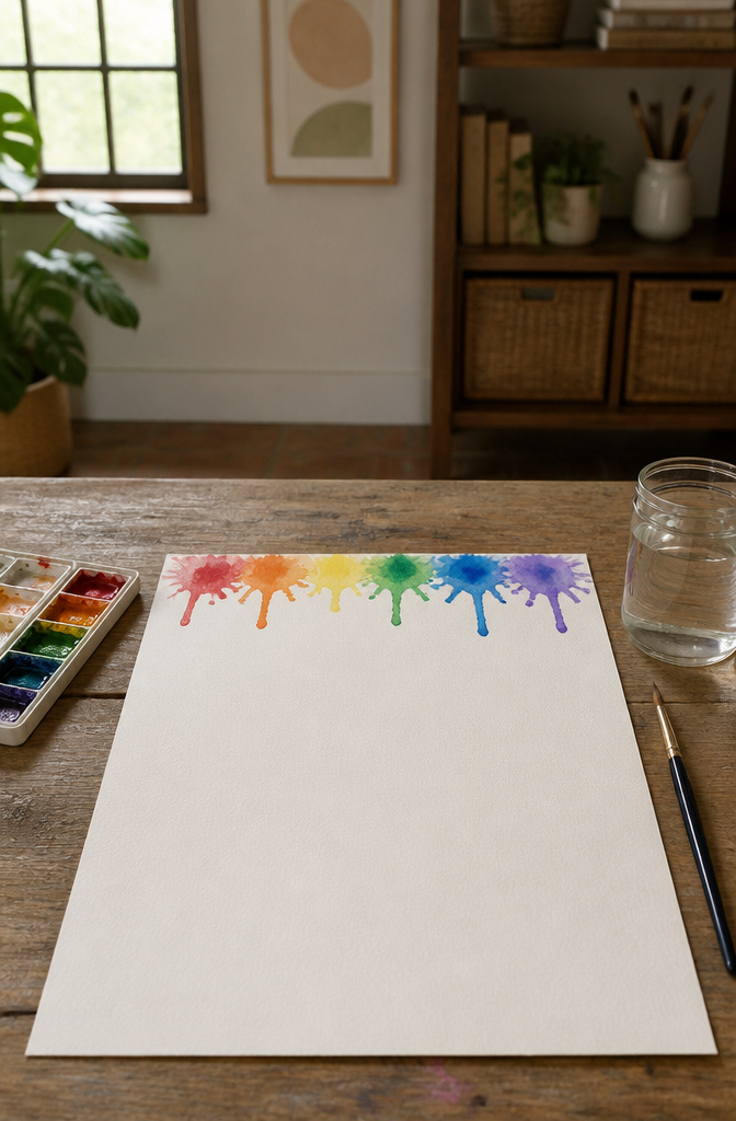 DIY Rainbow Craft Project Ideas for Kids and Families 17 Watercolor paper with paint arranged at the top, ready for dripping.
