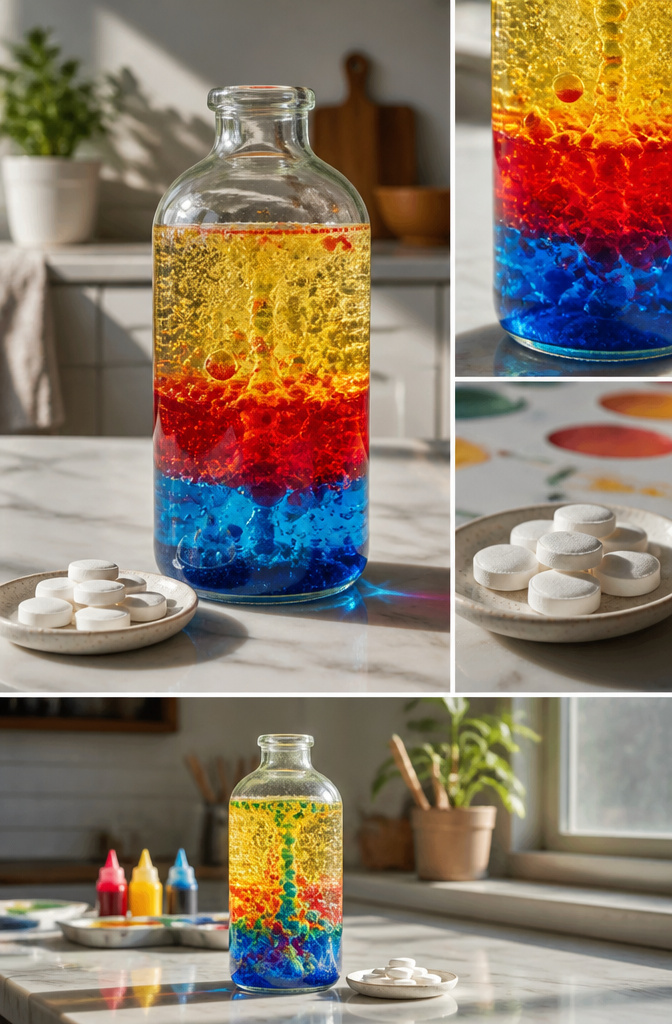 DIY Rainbow Craft Project Ideas for Kids and Families 18 Clear bottle filled with water, oil, food coloring, and Alka-Seltzer.