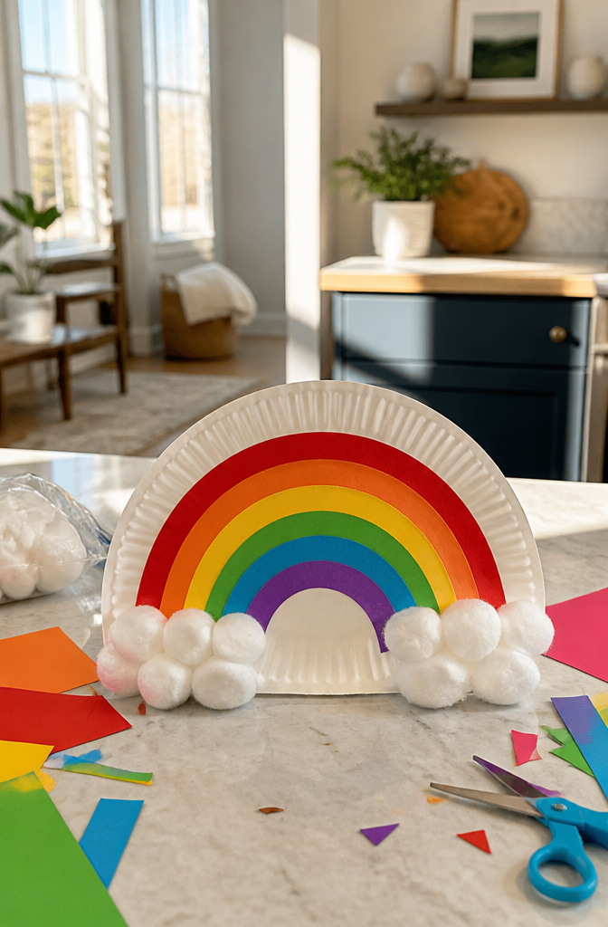 DIY Rainbow Craft Project Ideas for Kids and Families 2 A paper plate rainbow made from colorful paper strips and cotton balls.