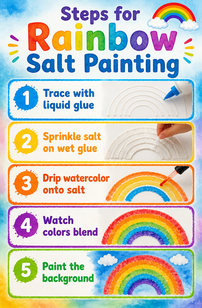 DIY Rainbow Craft Project Ideas for Kids and Families 3 Instructions for creating a rainbow salt painting with glue and salt.