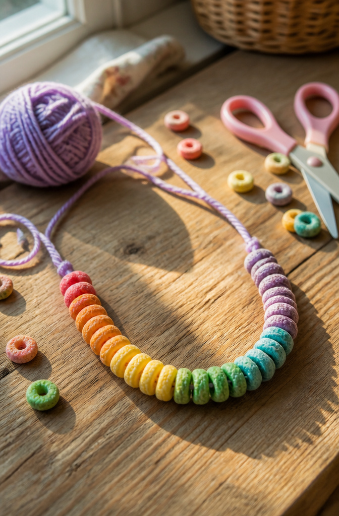 DIY Rainbow Craft Project Ideas for Kids and Families 6 Fruit Loops cereal strung on yarn to create a necklace.