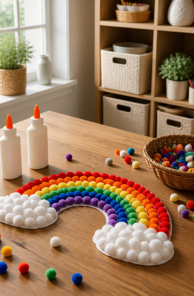 DIY Rainbow Craft Project Ideas for Kids and Families 7 Colorful pom-poms glued to a paper template shaped like a rainbow.
