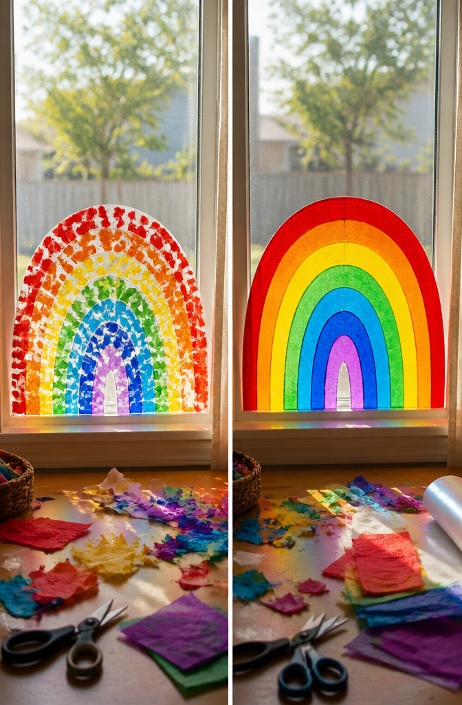 DIY Rainbow Craft Project Ideas for Kids and Families 9 Tissue paper arranged in rainbow colors between contact paper.