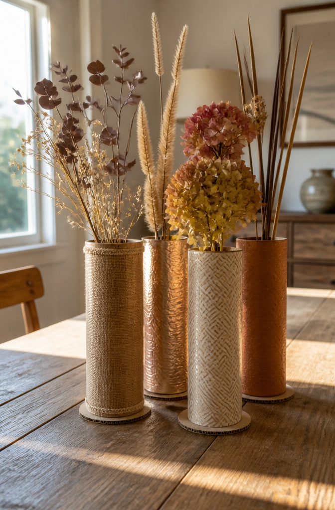 10 DIY Room Decor Cardboard Ideas for Your Home and Garden 2 Cardboard tube vases wrapped in decorative paper with flowers.