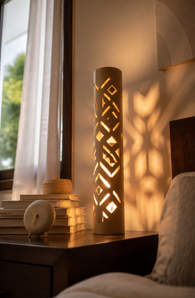 10 DIY Room Decor Cardboard Ideas for Your Home and Garden 4 Cardboard tube lamp with cut-out patterns illuminating a room.