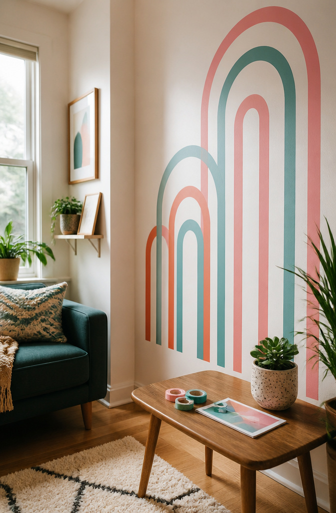 20 DIY Room Stuff Ideas to Refresh Your Space in 2026 1 Washi tape wall art in colorful arches on a white wall.