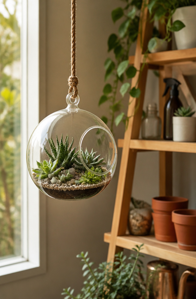 20 DIY Room Stuff Ideas to Refresh Your Space in 2026 14 A glass terrarium hanging with plants inside.