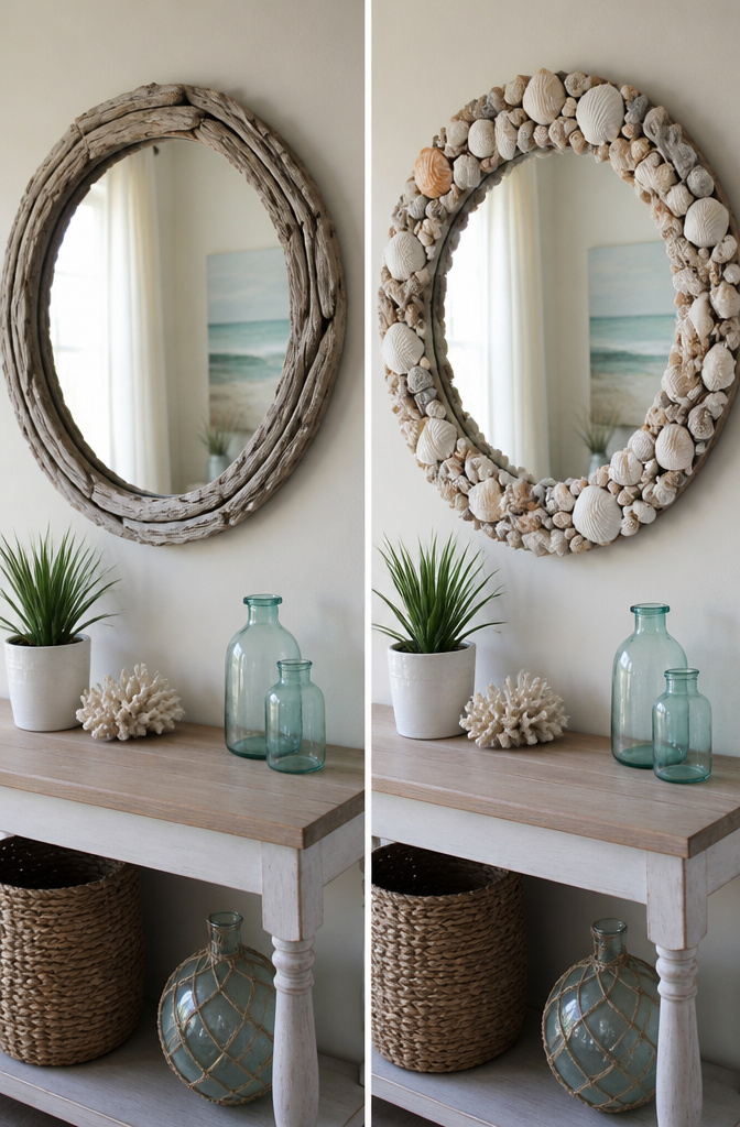 20 DIY Room Stuff Ideas to Refresh Your Space in 2026 15 A mirror frame decorated with shells and driftwood.