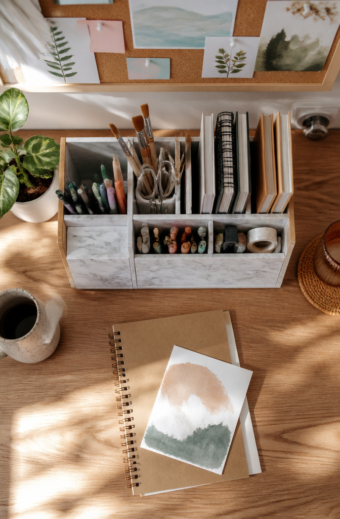 20 DIY Room Stuff Ideas to Refresh Your Space in 2026 17 A desk organizer made from cardboard and contact paper.