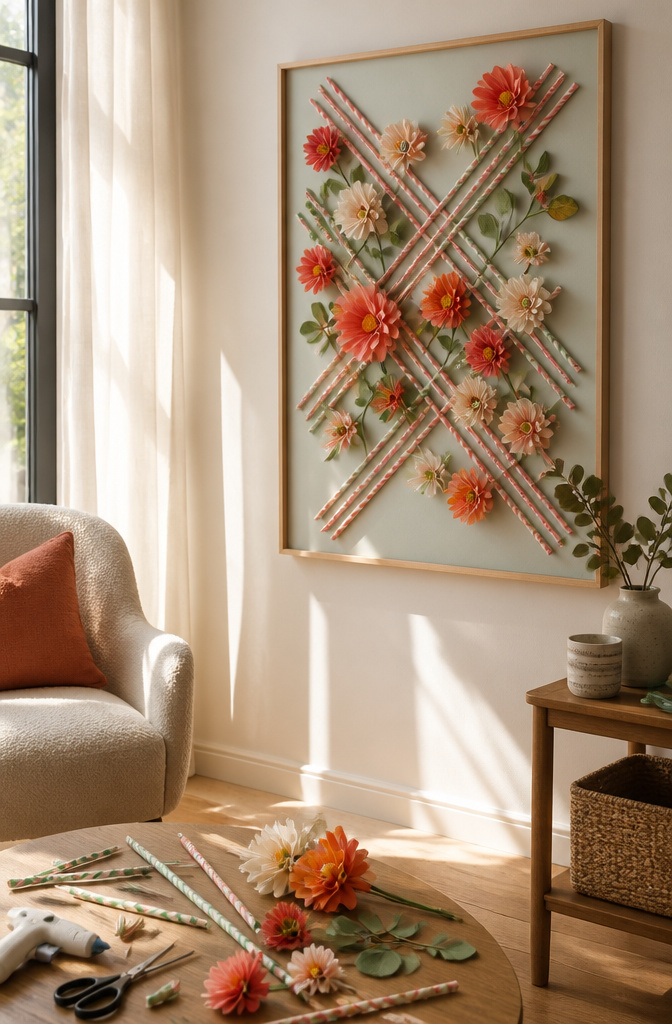 20 DIY Room Stuff Ideas to Refresh Your Space in 2026 18 A colorful wall art piece created with straws and flowers.