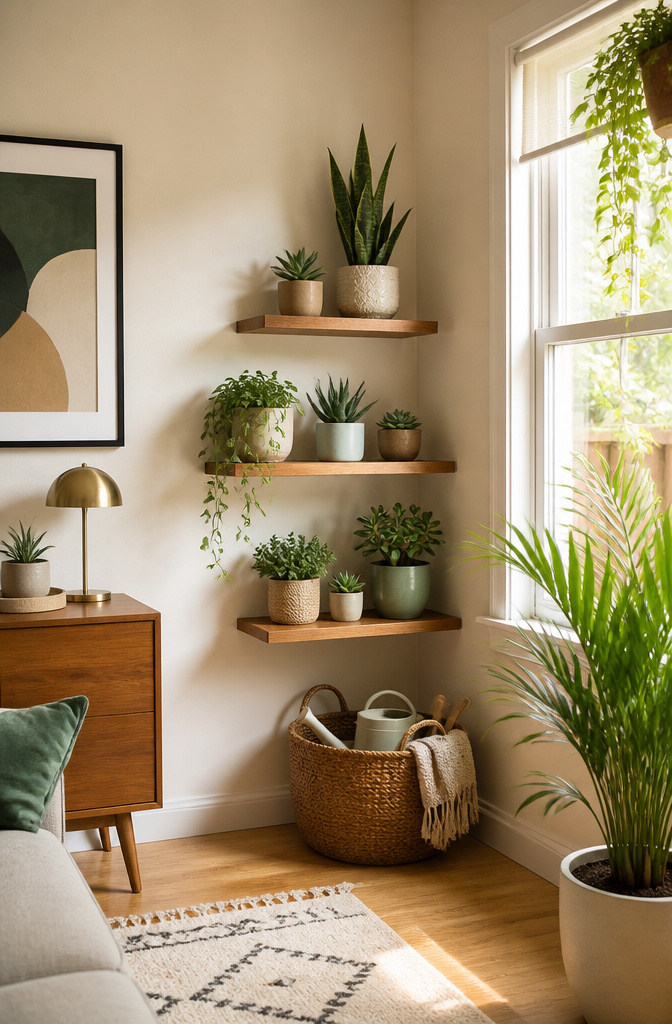 20 DIY Room Stuff Ideas to Refresh Your Space in 2026 19 Floating shelves with plants arranged at different heights.
