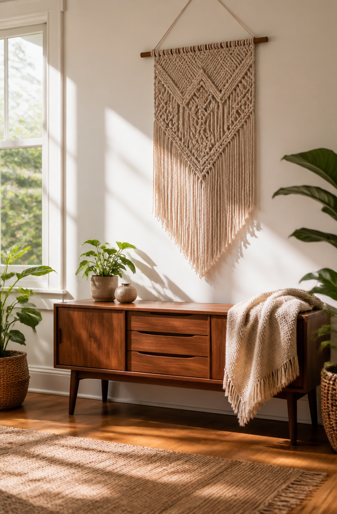 20 DIY Room Stuff Ideas to Refresh Your Space in 2026 2 Intricate macrame wall hanging above a console table.