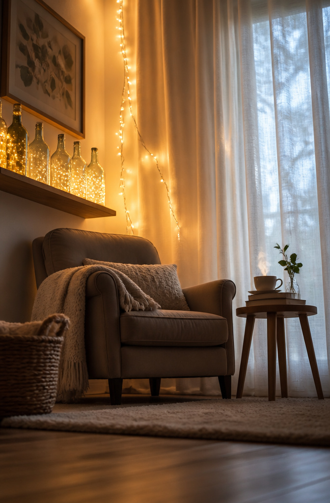 20 DIY Room Stuff Ideas to Refresh Your Space in 2026 20 Battery-operated fairy lights arranged in a cozy corner.