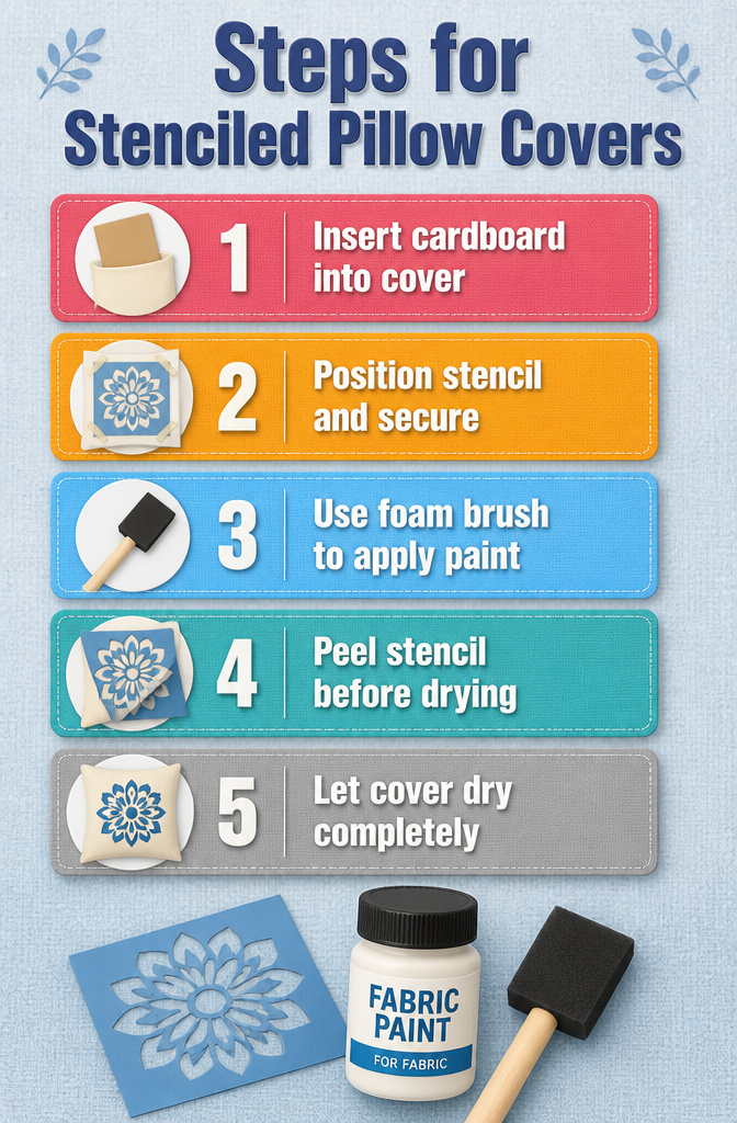 20 DIY Room Stuff Ideas to Refresh Your Space in 2026 7 A stenciled pillow cover with a design on a sofa.