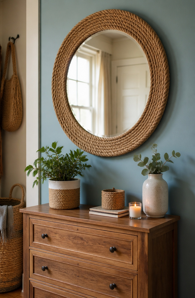 20 DIY Room Stuff Ideas to Refresh Your Space in 2026 8 A round mirror wrapped in jute rope on a wall.