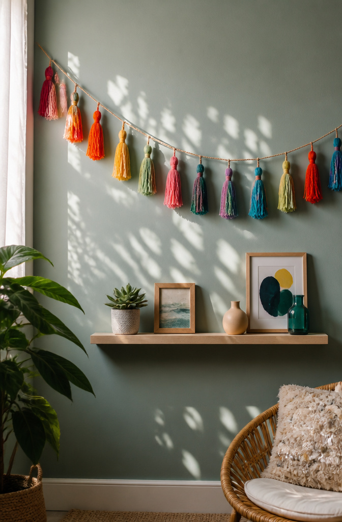 20 DIY Room Stuff Ideas to Refresh Your Space in 2026 9 A garland made of yarn tassels hanging on a wall.