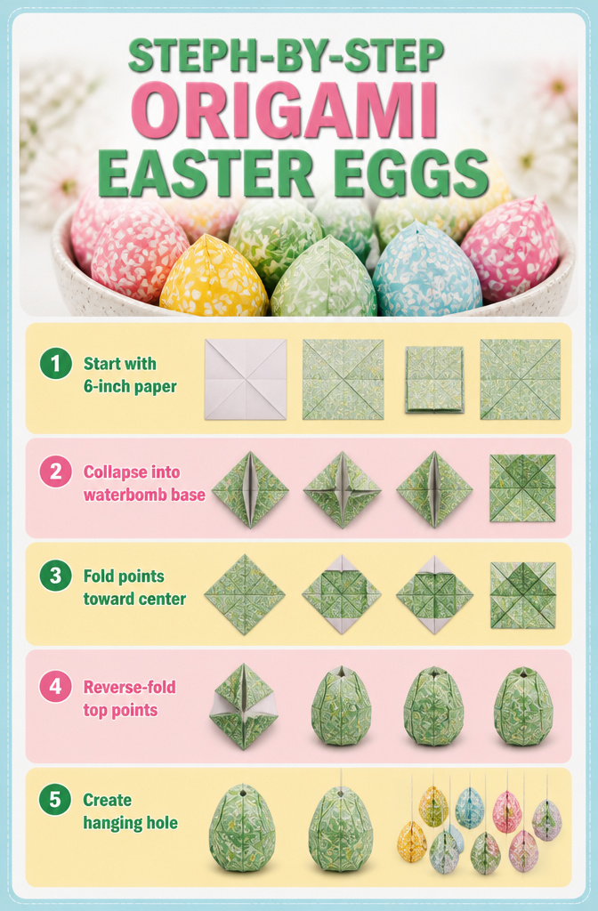 Origami Easter eggs made from patterned paper, showcasing their shape.