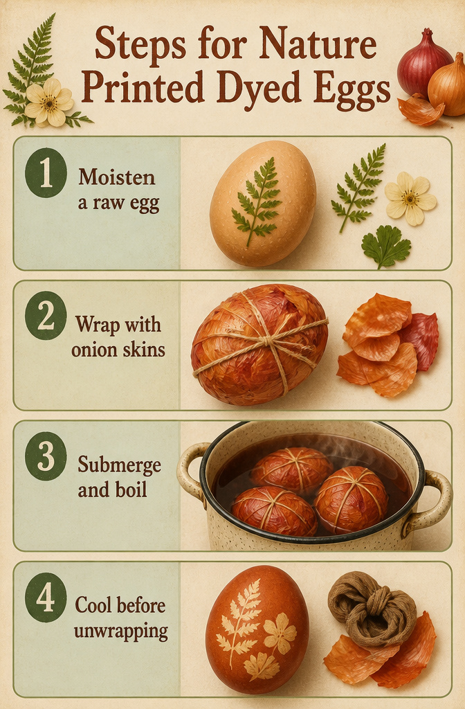 Dyed eggs wrapped with onion skins and leaves for printing.