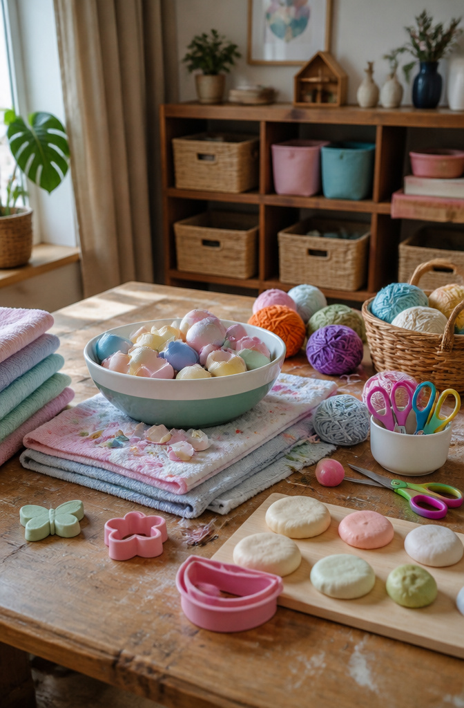 Crafting area with supplies arranged for children's creative activities.