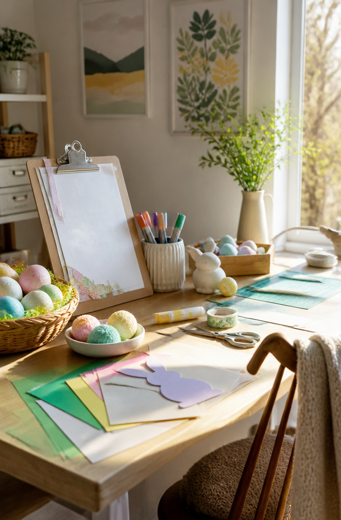 Crafting workspace with tools, materials, and organized notes.