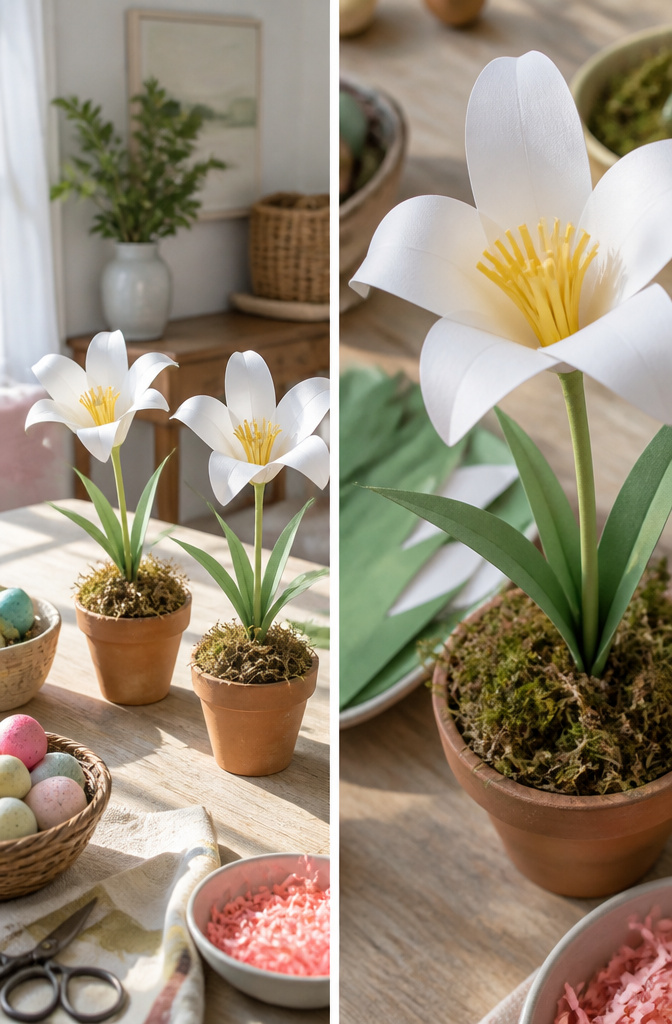 White paper petals shaped and curled to resemble Easter lilies.